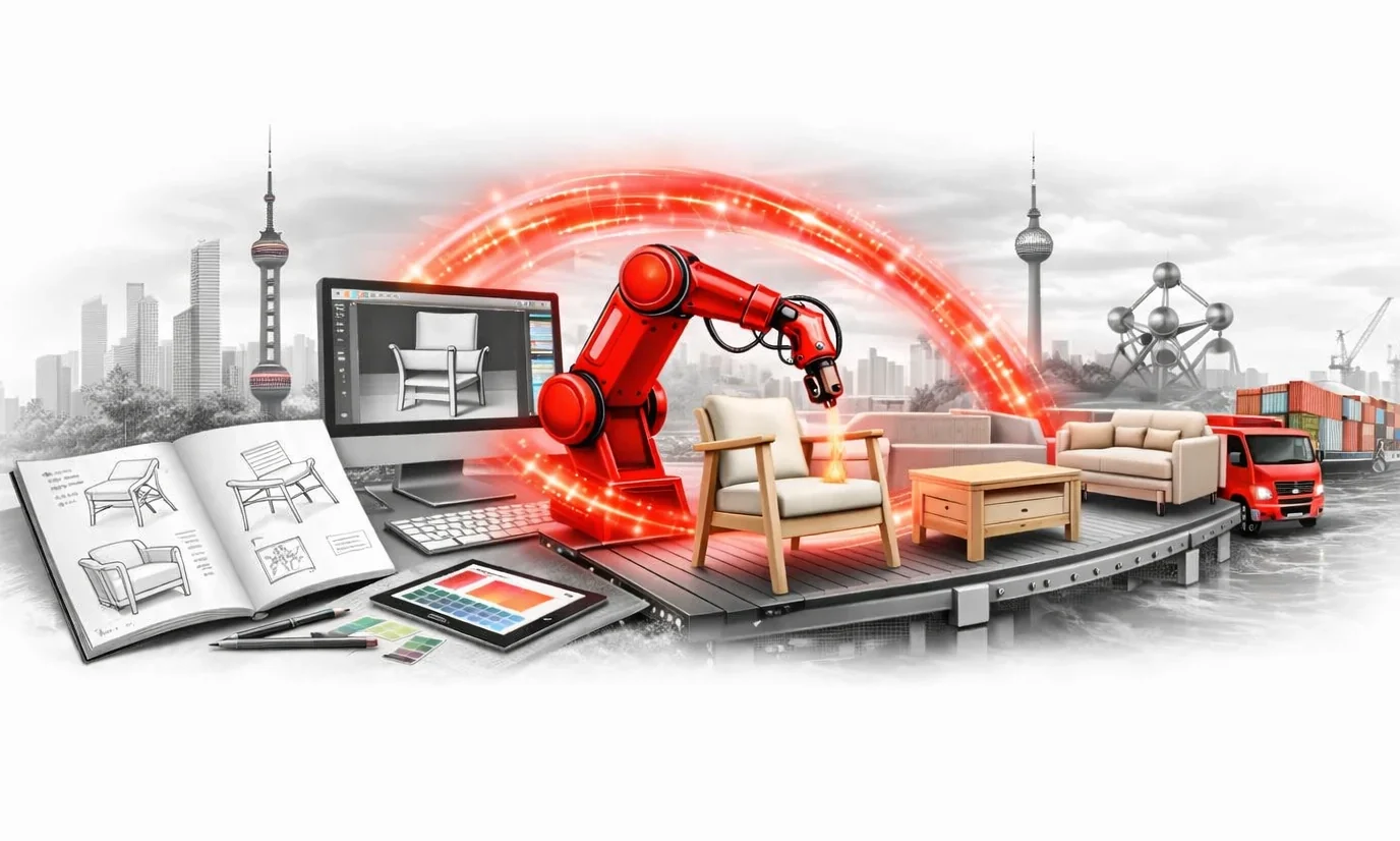 A red robotic arm finishing a chair on a line that runs from design sketches to a shipping container, between Chinese and European skylines