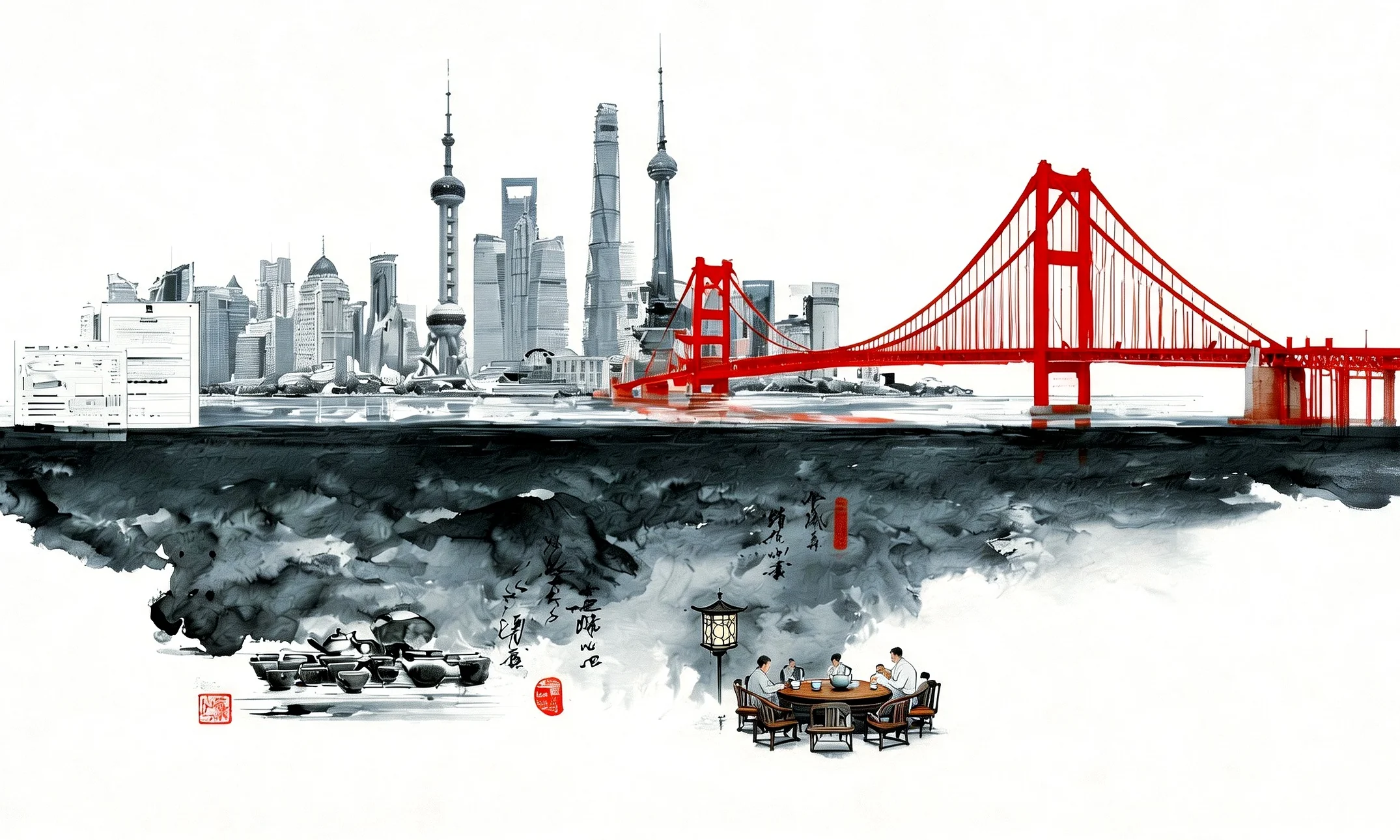 Ink-wash scene: the Shanghai skyline and a red bridge above the surface, tea tables and a negotiation below it
